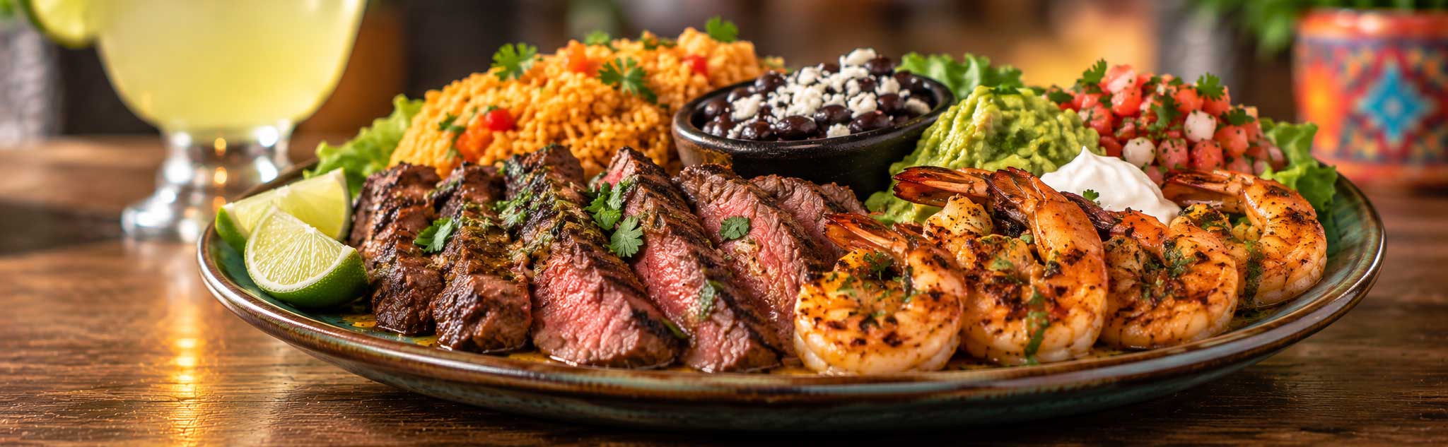 USDA Prime rib and grilled shrimp platter with Mexican rice, black beans, pico de gallo, guacamole, crema and salsa at Tulum Grill in Boca Raton