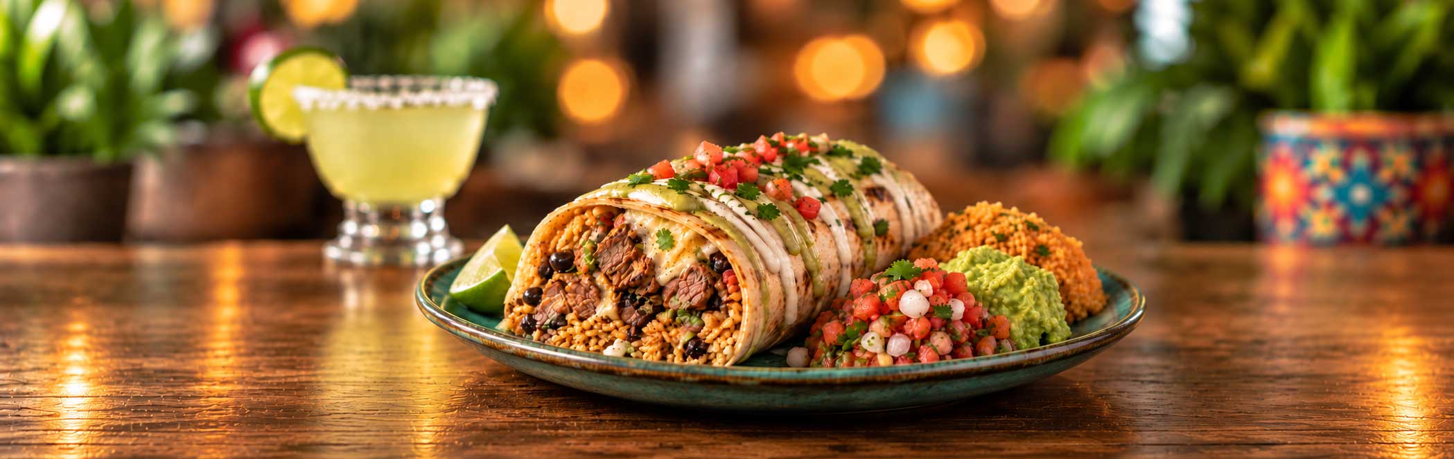 USDA Prime steak burrito with rice, black beans, tomato, onions, cheese and creamy sauce at Tulum Grill in Boca Raton