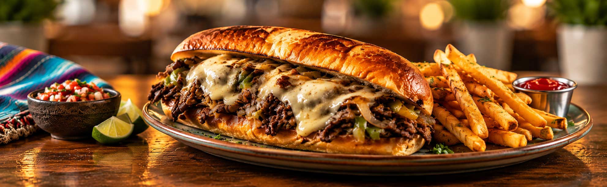 Cheesesteak sandwich with tender steak and melted cheese at Tulum Grill in Boca Raton