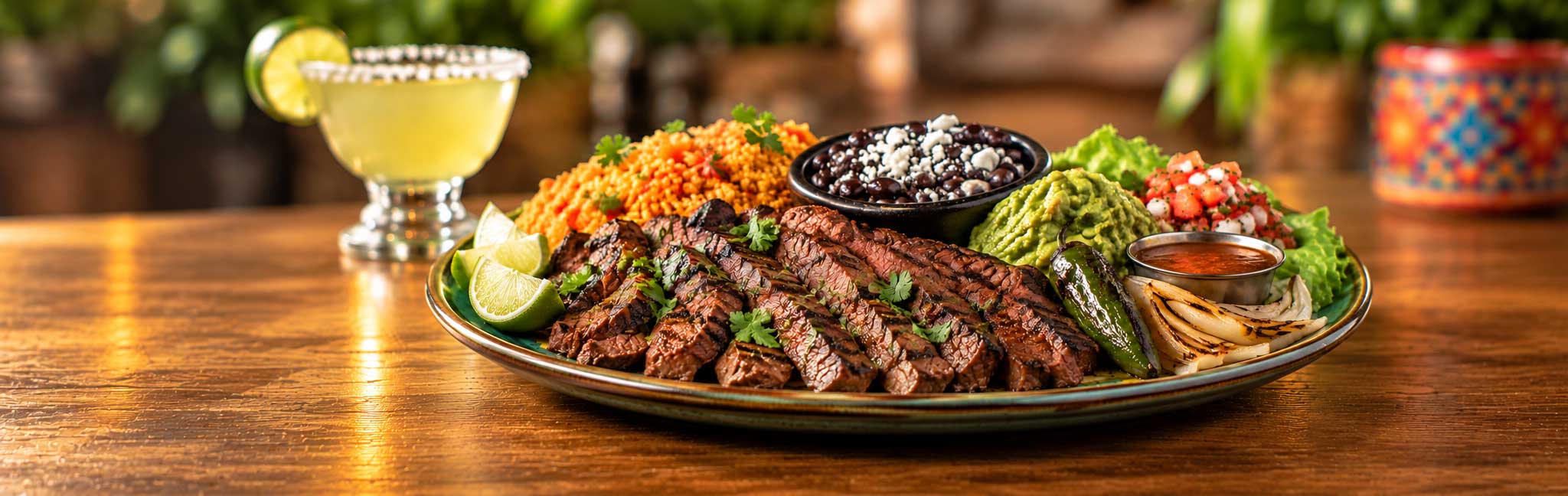 USDA Prime carne asada platter with Mexican rice, black beans, pico de gallo, guacamole, crema and salsa at Tulum Grill in Boca Raton
