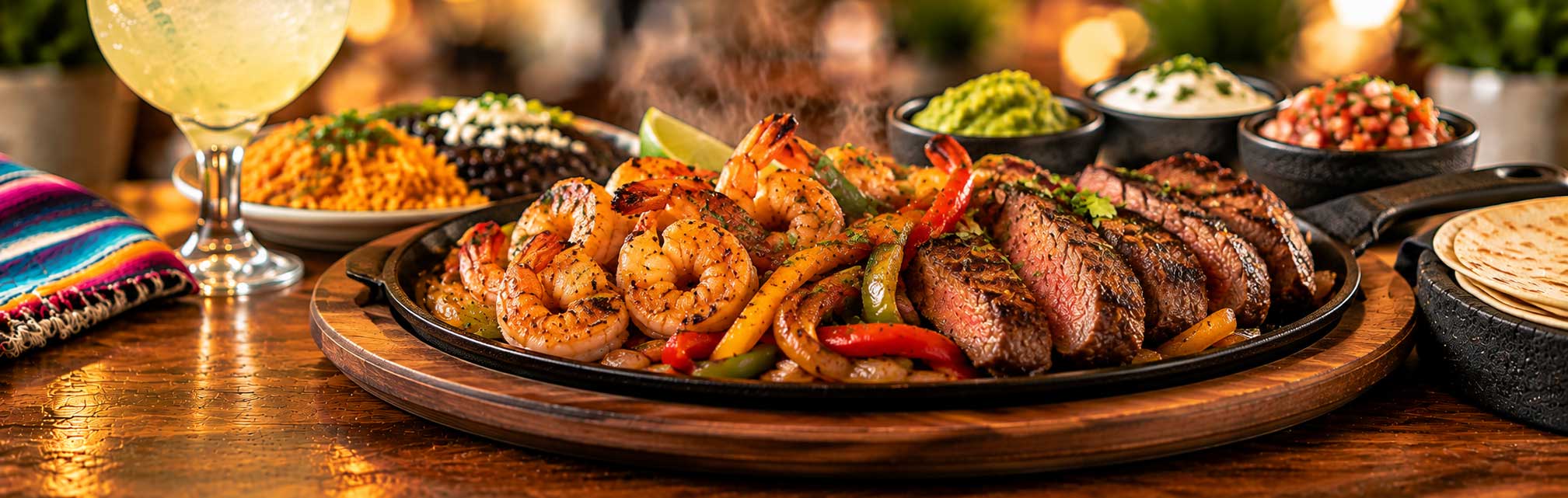 Prime steak and shrimp fajitas with peppers and onions at Tulum Grill in Boca Raton