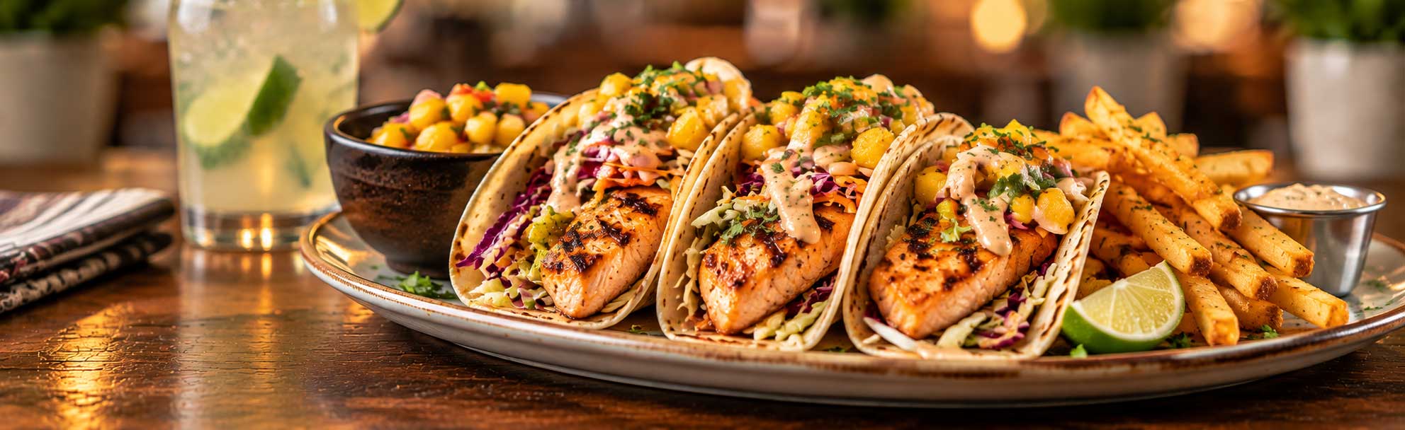 Salmon tacos with onion, cilantro, cotija cheese and cantina salsa at Tulum Grill in Boca Raton