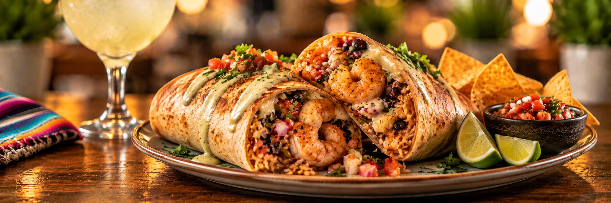 Shrimp burrito with rice, black beans, tomato, onions and creamy sauce at Tulum Grill in Boca Raton