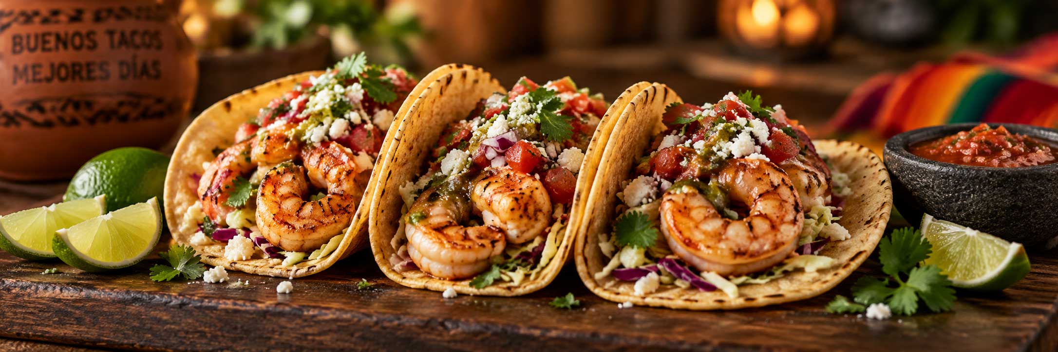 Shrimp tacos with fresh toppings and cotija cheese at Tulum Grill in Boca Raton